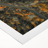 Art deco poster featuring autumnal trees in orange and gold tones on rolled canvas, suitable for dining room decor.