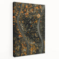 Autumn-themed abstract art on a large stretched canvas, featuring warm orange and red tones, ideal for kitchen wall art.