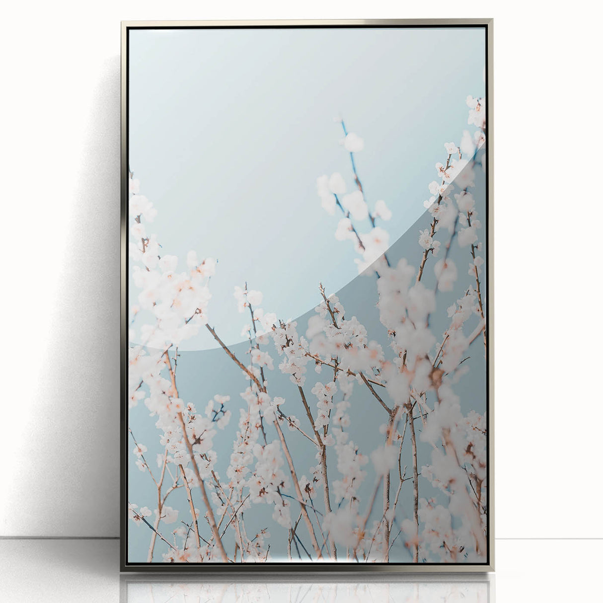 Mid-century modernist art depicting spring season in pastel shades on a silver-framed acrylic print.