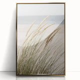 Large art print of a summer scene in mid-century modernist style, featuring vibrant colors on a framed acrylic.