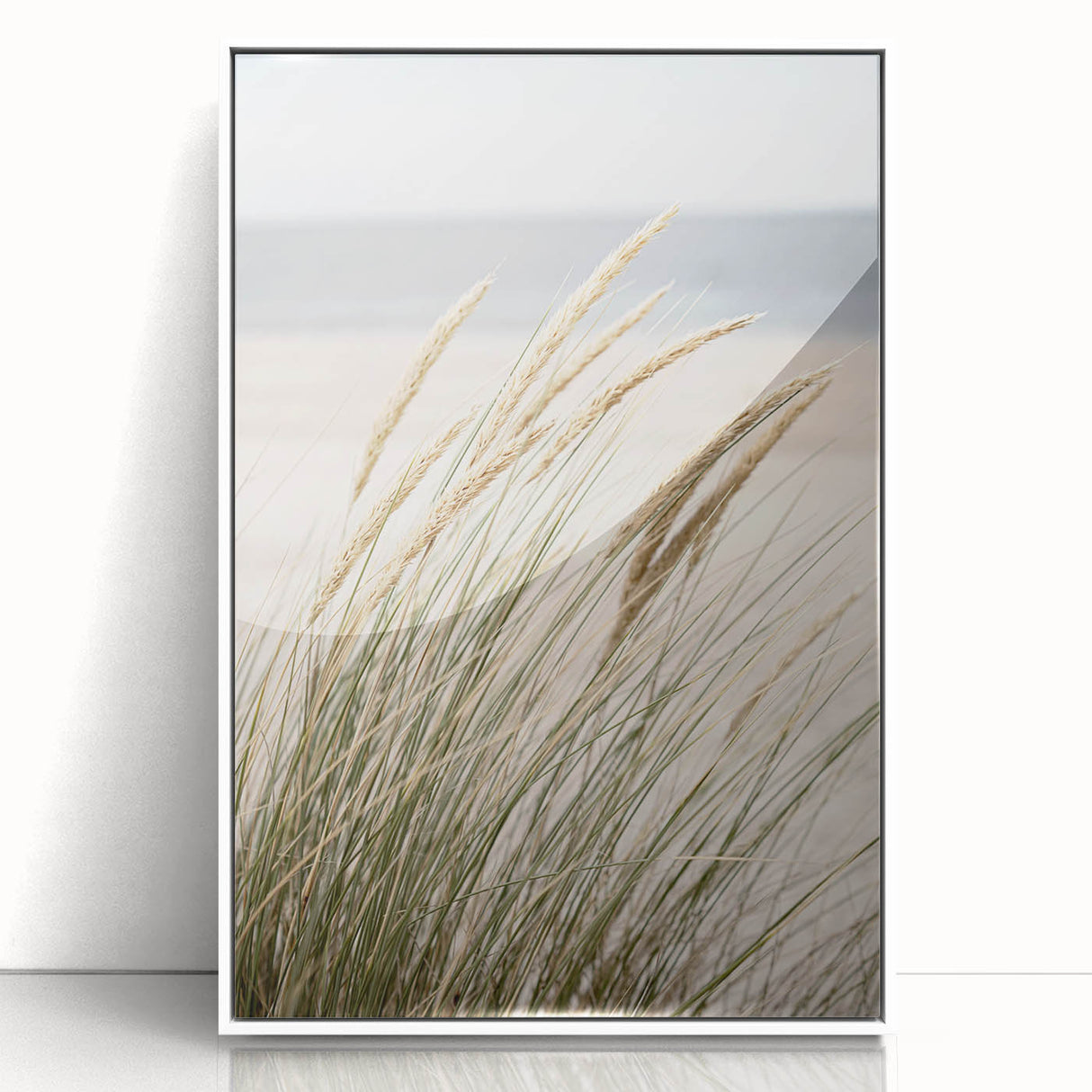 Art Deco poster of summer season in pastel shades, acrylic print in a white frame, ideal for nursery wall art.