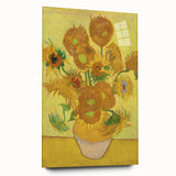 Large abstract wall art print of swirling blue and yellow patterns on acrylic glass.