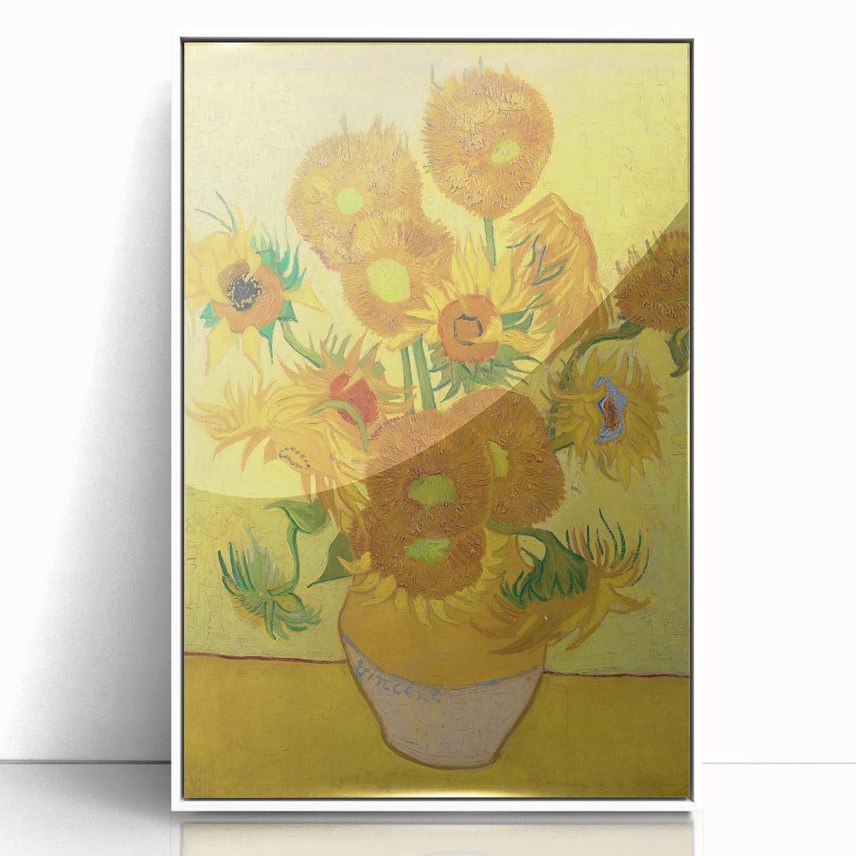 Mid-century modernist art depicting a stylized cityscape in vibrant colors on a white acrylic framed poster.
