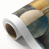 Abstract wall art on rolled canvas showcasing vibrant strokes in shades of blue, orange, and yellow, perfect for modern home decor. Packaged securely in a cardboard tube for delivery.