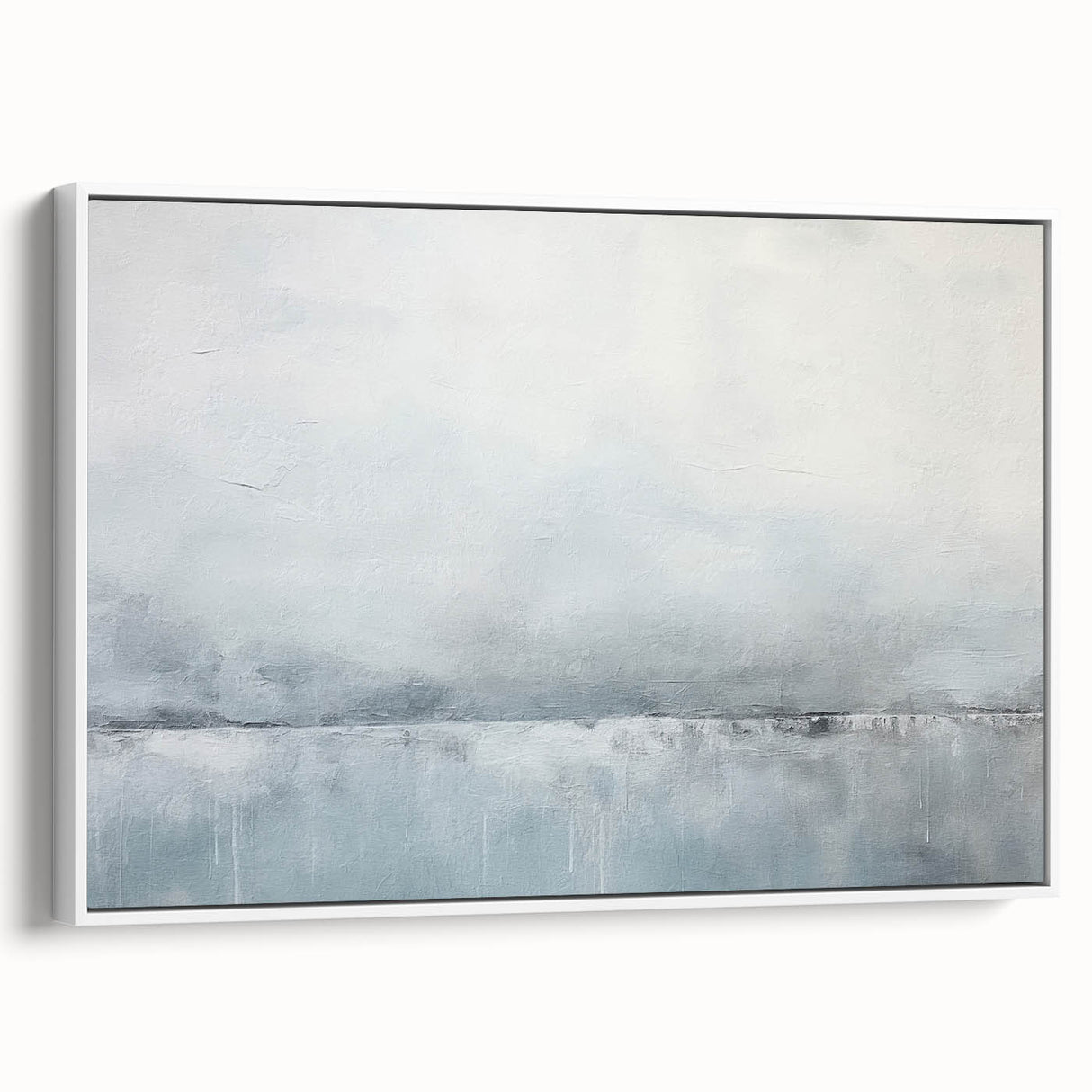 Framed canvas wall art featuring abstract strokes in white and beige tones, showcasing a modern design with a sleek side view, perfect for contemporary decor.