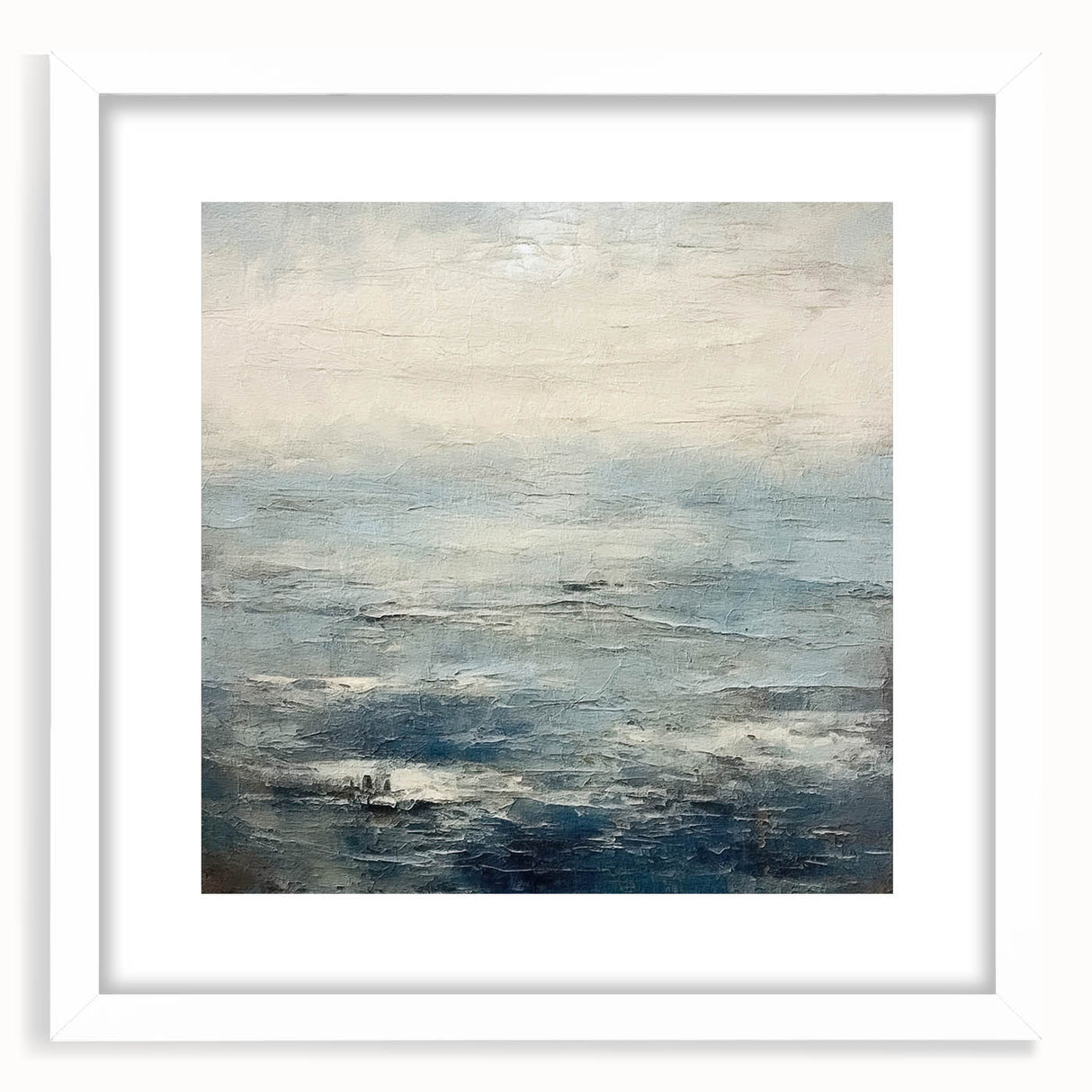 Abstract strokes wall art in a white frame, showcasing fluid brush patterns in shades of blue and gold, designed to enhance modern home décor. Ideal for living spaces.