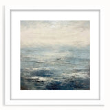 Abstract strokes wall art in a white frame, showcasing fluid brush patterns in shades of blue and gold, designed to enhance modern home décor. Ideal for living spaces.