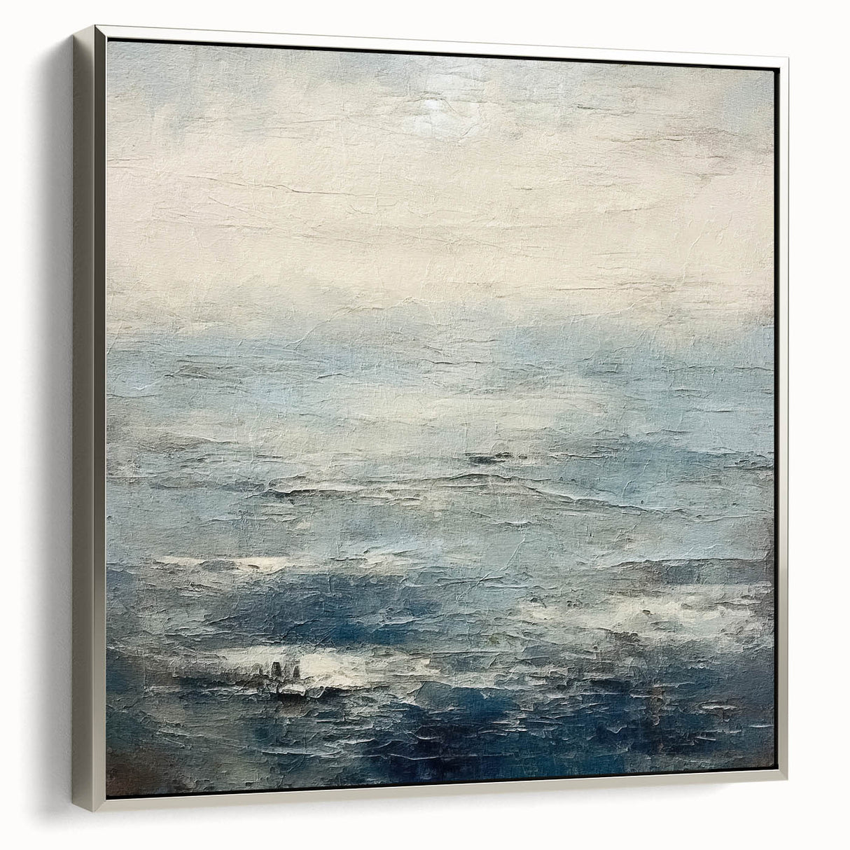 Framed abstract strokes wall art in silver, showcasing dynamic brushwork and vibrant colors, ideal for modern interior decor. Side view highlights depth and texture.