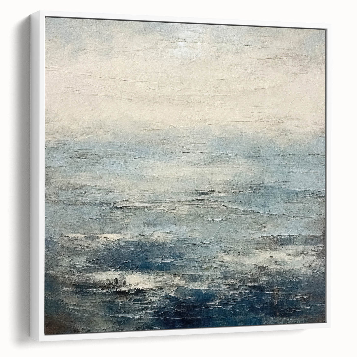 Framed canvas wall art featuring abstract strokes in soft white and gray tones, showcased from a side view to highlight its modern design and elegant finish. Perfect for contemporary home decor.