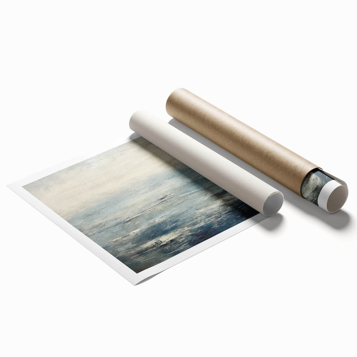 Abstract strokes wall art print featuring dynamic, colorful brush strokes in shades of blue, orange, and pink, rolled and ready for display. This vibrant artwork adds a contemporary touch to any space.