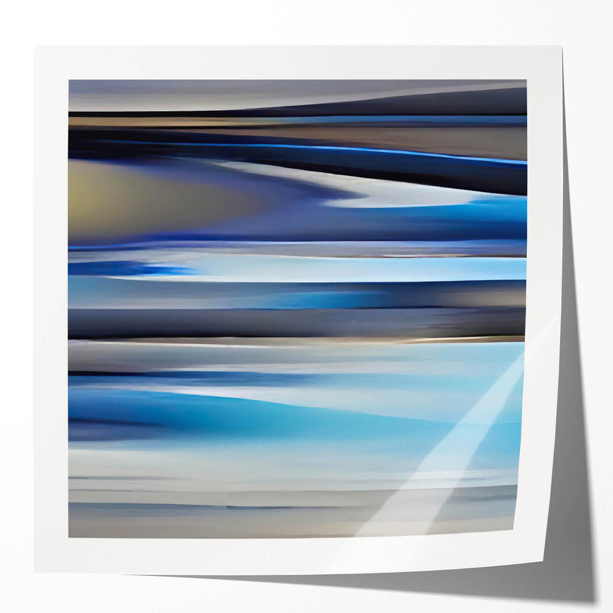 Abstract wall art print showcasing vibrant strokes in hues of blue, pink, and yellow, designed for modern home decor, presented in a glossy finish.