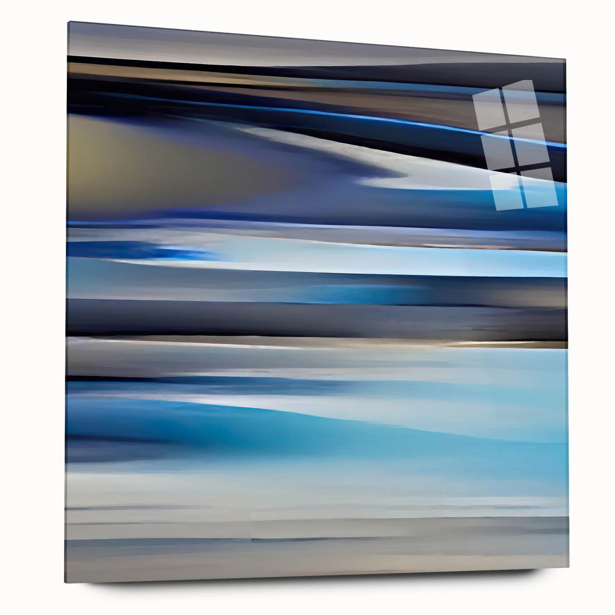 Abstract wall art featuring vibrant multicolored strokes on acrylic glass, showcasing a sleek side view without pins, perfect for modern home decor. This elegant piece adds a contemporary touch to any room, enhancing aesthetic appeal with its dynamic design and glossy finish.