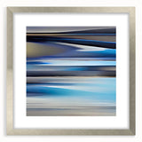 Abstract wall art featuring vibrant strokes in shades of blue, pink, and gold, framed in a sleek silver frame with a white mat, ideal for modern decor.