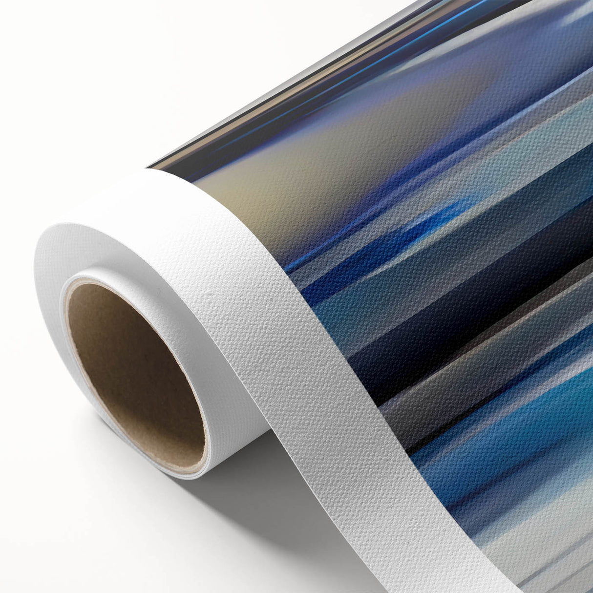 Abstract wall art on rolled canvas showcasing vibrant strokes in shades of blue, orange, and yellow, ideal for modern home decor. Perfect for adding color and creativity to any space.