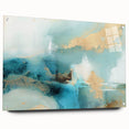 Abstract wall art featuring vibrant strokes in shades of blue, pink, and gold, displayed in an acrylic glass frame with visible pins, perfect for modern decor.