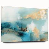 Abstract wall art featuring vibrant strokes in shades of blue, pink, and gold, displayed in an acrylic glass frame with visible pins, perfect for modern decor.