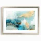 Abstract wall art featuring dynamic strokes in shades of blue, gold, and silver, elegantly framed with a sleek silver mat, perfect for modern home decor.