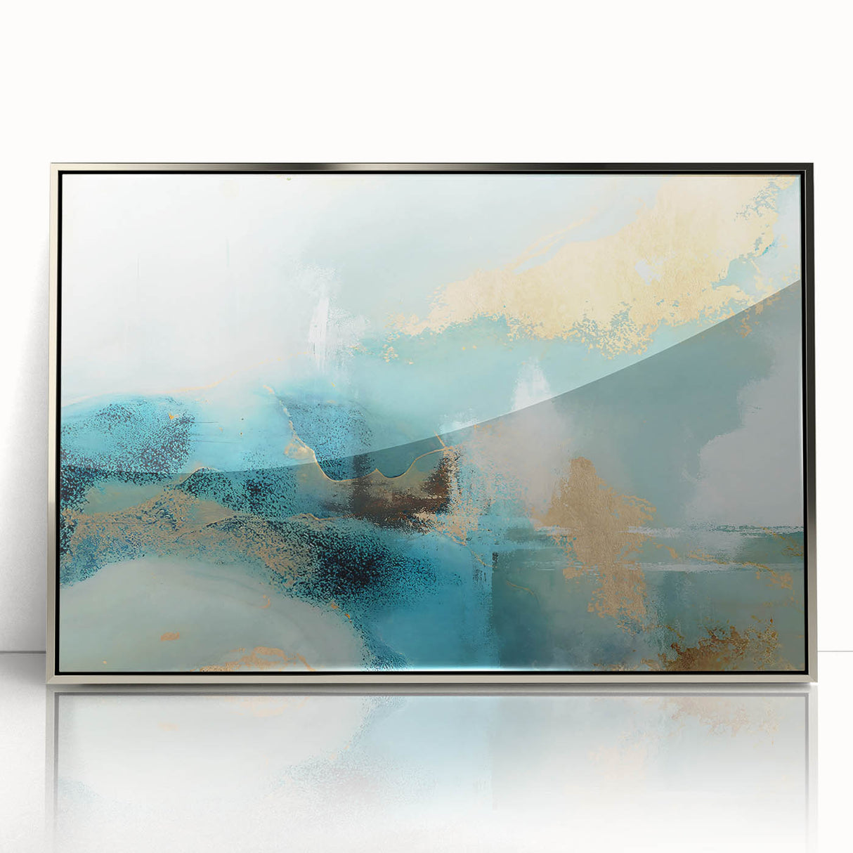 Framed abstract strokes wall art in silver acrylic, showcasing dynamic brushwork and vibrant colors, perfect for modern home decor and enhancing interior aesthetics.