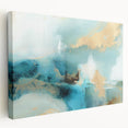 Stretched canvas wall art featuring an abstract design of colorful strokes in hues of blue, orange, and yellow, displayed from a side view to highlight depth and texture. Perfect for modern home decor.