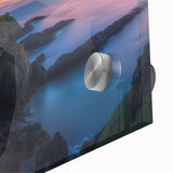 Close-up of a vibrant acrylic glass artwork depicting a majestic castle landscape, showcasing intricate details and rich colors, perfect for home decor.