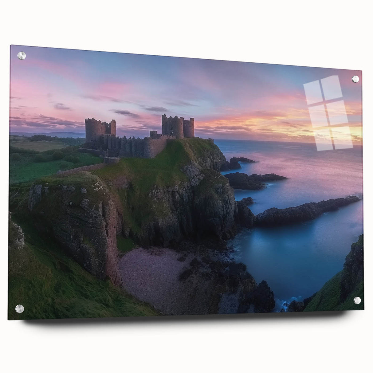 Acrylic glass artwork showcasing a vibrant landscape with a medieval castle, displayed from the side view with decorative pins, perfect for home decor enthusiasts.