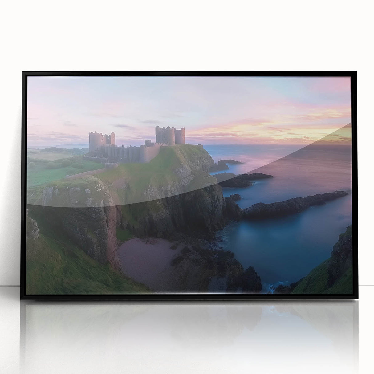 Framed acrylic artwork showcasing a stunning landscape with a castle, featuring a sleek black frame that enhances the vibrant colors, ideal for home decor or office aesthetics.