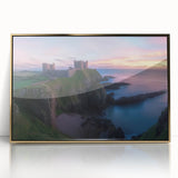 Framed acrylic wall art showcasing a picturesque landscape with a majestic castle, surrounded by lush greenery and a vibrant blue sky, ideal for home decor.