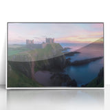 Framed acrylic art piece showcasing a serene landscape with a majestic castle, featuring a white frame that enhances the vibrant colors of the scene. Ideal for home decor.