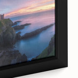 Framed canvas artwork showcasing a vibrant landscape with a majestic castle, highlighting intricate details and rich colors, perfect for home decor.