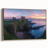 Framed canvas artwork showcasing a majestic landscape with a castle, highlighted by a gold frame, perfect for elegant home decor. Ideal for enhancing living spaces and adding a touch of sophistication.