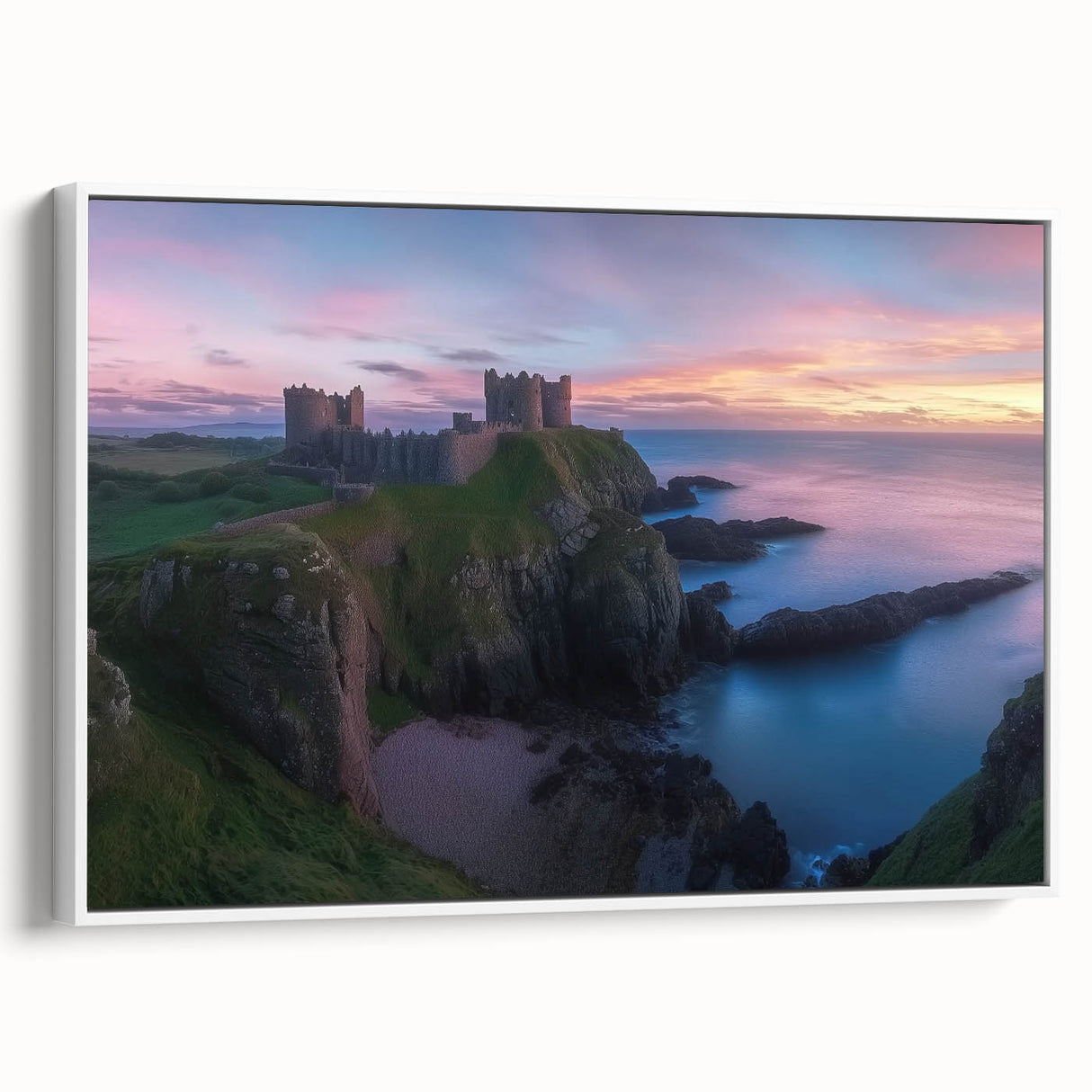 Framed canvas artwork showcasing a beautiful landscape with a castle, featuring a white frame that enhances the vibrant colors and intricate details of the scene. Ideal for home decor, this piece adds elegance to any room.