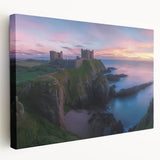 Stretched canvas artwork depicting a scenic landscape with a medieval castle, showcasing vibrant colors and intricate details, perfect for home decor.