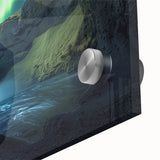 Close-up of an acrylic glass artwork depicting vibrant landscapes and caves, showcasing rich colors and intricate details, perfect for modern home decor.