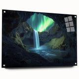 Acrylic glass artwork showcasing vibrant landscapes and cave imagery, viewed from the side with decorative pins, ideal for modern home decor.