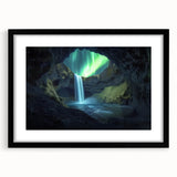 Framed landscape art print showcasing a serene cave scene, featuring rich earthy tones and a black mat, designed to enhance modern home decor aesthetics.