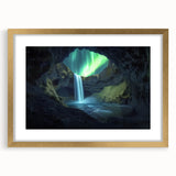 Elegant gold-framed landscape artwork showcasing intricate cave designs, presented with a white mat for added sophistication, perfect for home decor.