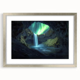 Framed silver landscape art showcasing a scenic cave view, elegantly matted, perfect for home decor. Ideal for adding a touch of nature-inspired elegance to any room.