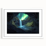 Elegant framed landscape artwork showcasing a serene cave scene, highlighted with a white mat, perfect for home decor. Ideal for nature lovers and art collectors.