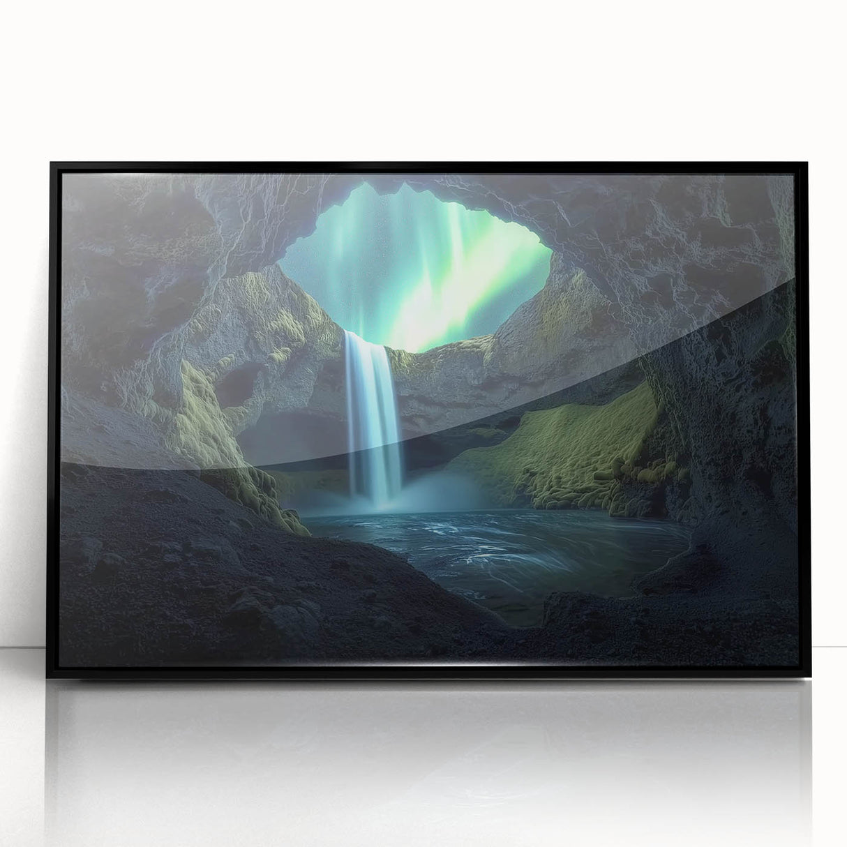 Framed acrylic artwork showcasing a stunning landscape of caves, featuring dramatic rock formations and earthy tones, presented in a sleek black frame for a modern aesthetic.