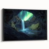 Framed canvas artwork depicting a serene landscape with intricate cave formations, featuring a black side view, ideal for modern home decor and art enthusiasts.