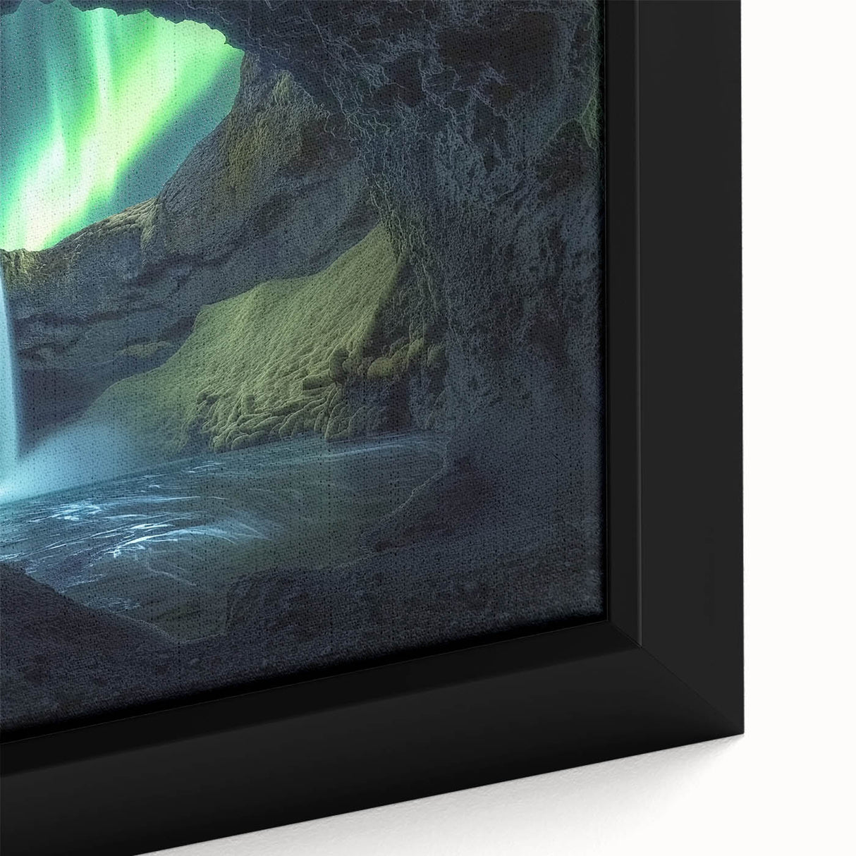 Framed canvas close-up showcasing intricate details of a landscape cave design, with rich earthy tones and textured brushstrokes, perfect for home decor.