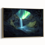 Framed canvas artwork showcasing a stunning landscape with caves, highlighted by a gold frame, perfect for home decor and enhancing interior aesthetics.