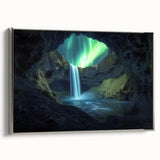 Framed canvas artwork showcasing a stunning landscape with intricate cave details, presented in a sleek silver frame, ideal for modern home decor.