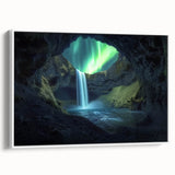 Framed canvas artwork showcasing a stunning landscape with intricate cave formations, presented in a sleek white frame, perfect for enhancing modern home decor.