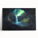 Stretched canvas artwork showcasing a vibrant landscape with intricate cave formations, leaning against a neutral wall, ideal for modern home decor.