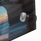 Close-up of a vibrant acrylic landscape artwork depicting dramatic cliffs under a blue sky. The intricate textures and colors enhance the visual depth and appeal, perfect for home decor enthusiasts.