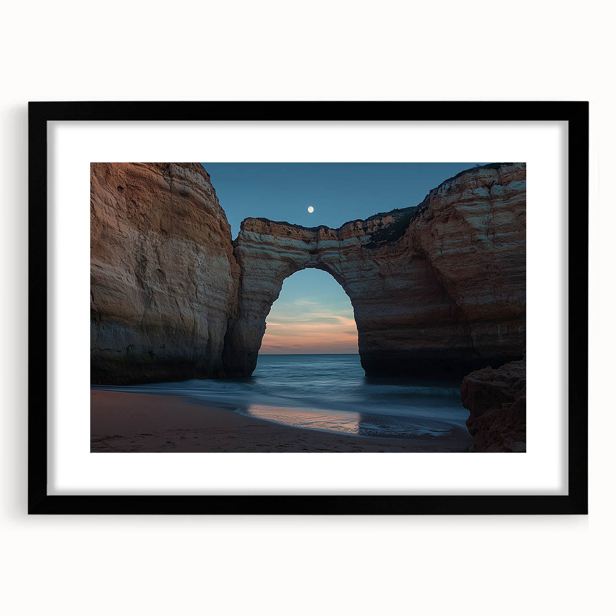 Black-framed landscape artwork showcasing dramatic cliffs against a serene sky, featuring a white mat for added elegance, perfect for enhancing modern decor.