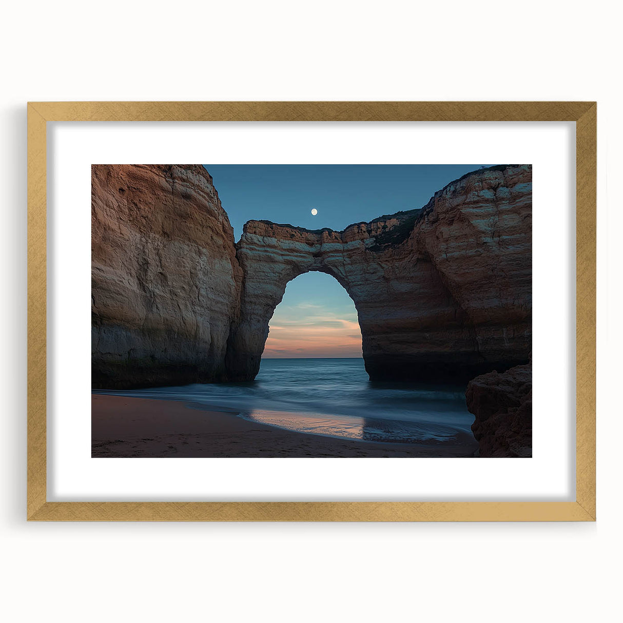 Framed landscape print showcasing dramatic cliffs in rich gold tones, elegantly matted, perfect for enhancing modern home decor with a touch of nature.