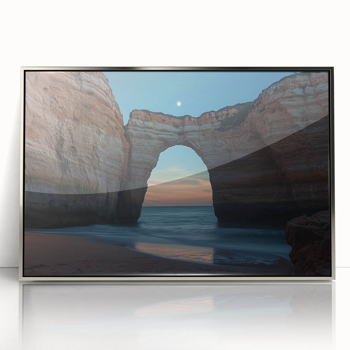 Framed acrylic artwork depicting dramatic cliffs and serene landscapes, featuring a sleek silver frame that enhances the vibrant colors and details of the scene. Ideal for modern home decor.