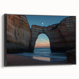 Framed canvas artwork depicting a stunning landscape of rugged cliffs with a serene ocean view, featuring a sleek black frame that enhances the visual impact, ideal for modern home decor.